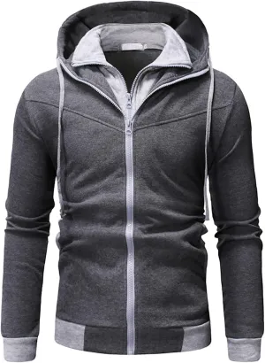 Men's Full Zip Hoodies Fake Two-Piece Sports Sweatshirt Long Sleeve Zipper Hooded Jacket Coats
