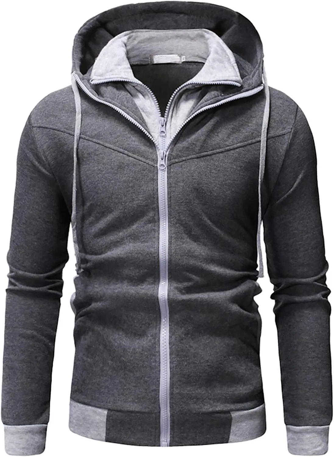 Men's Full Zip Hoodies Fake Two-Piece Sports Sweatshirt Long Sleeve Zipper Hooded Jacket Coats