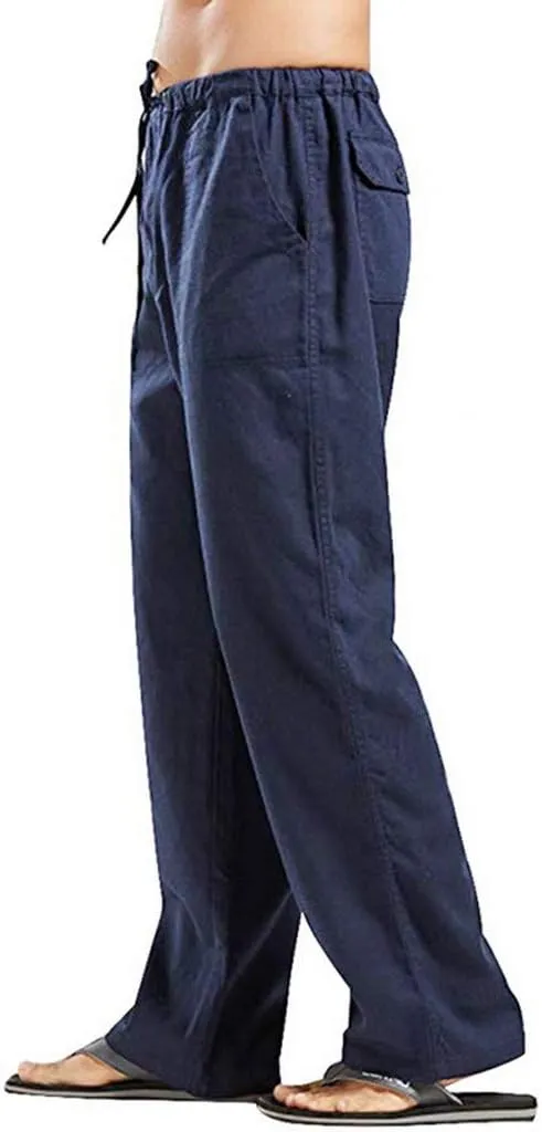 Mens Linen Harem Drawstring Plaid Pants Casual Elastic Waist Lightweight Loose Trouser Hippie Summer Beach Yoga Pant