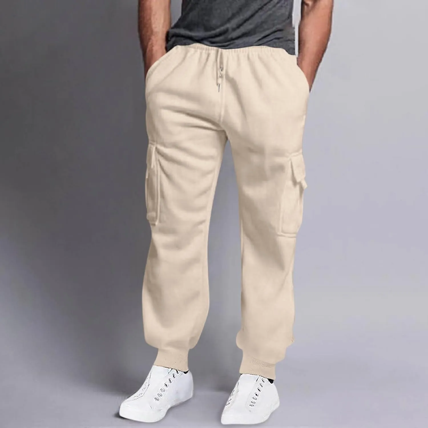 Mens Outdoor Hiking Cargo Pants Leisure Loose Sports Running Solid Color Lace Up Cargo Pants Men's Cargo Tactical