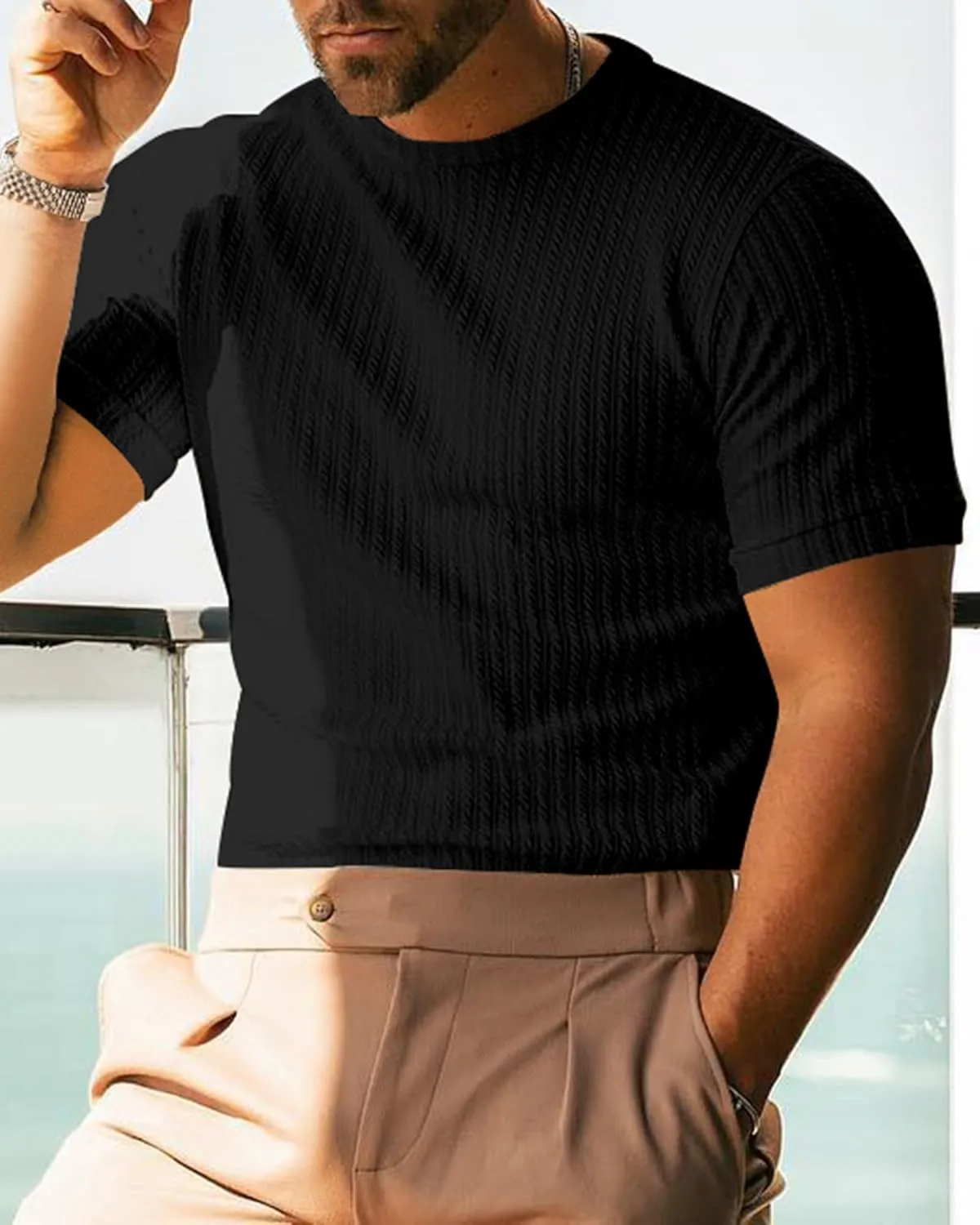 Men's Ribbed Knit T-Shirts Short Sleeve Casual Crewneck Slim Fit Textured Pullover Tees