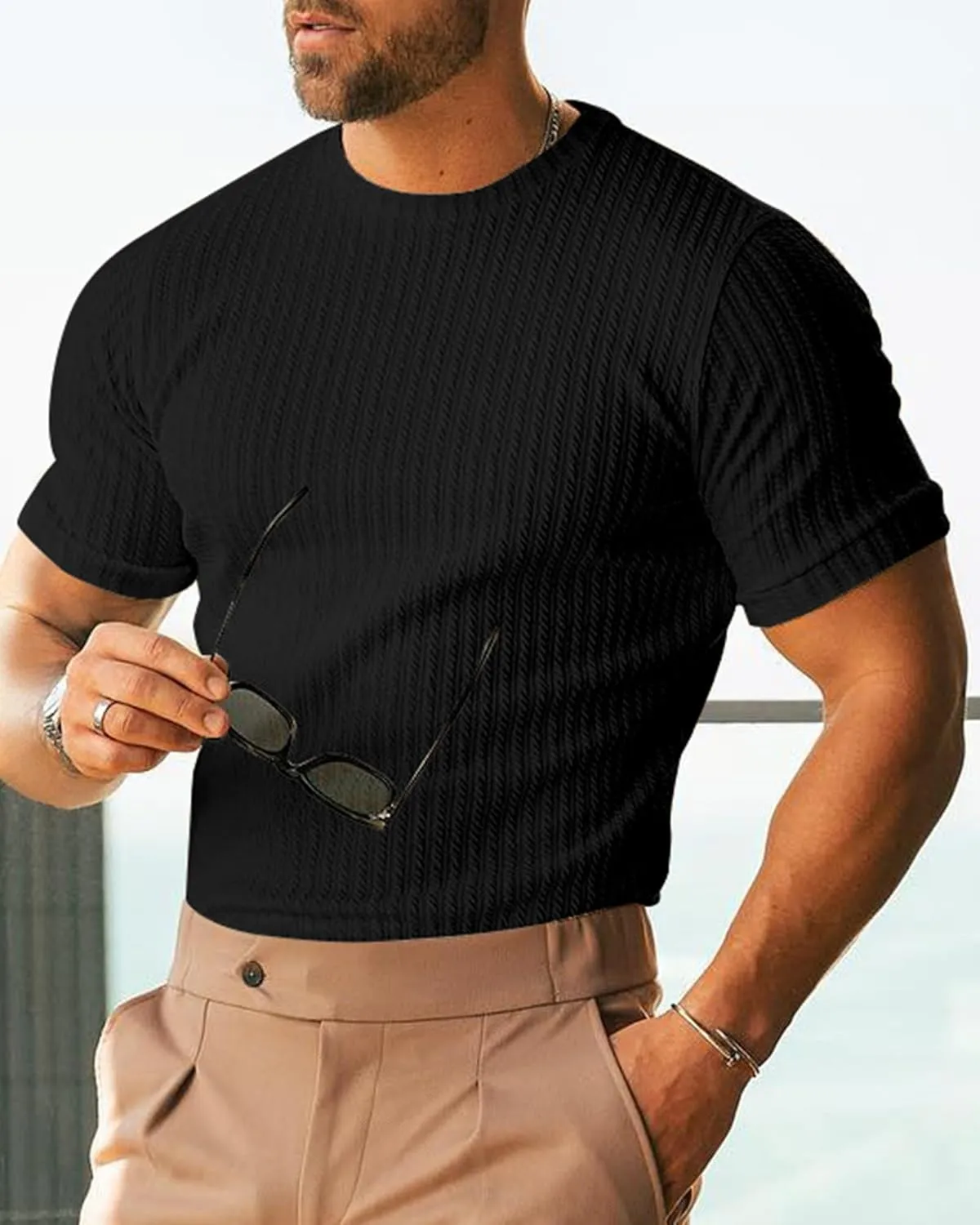 Men's Ribbed Knit T-Shirts Short Sleeve Casual Crewneck Slim Fit Textured Pullover Tees