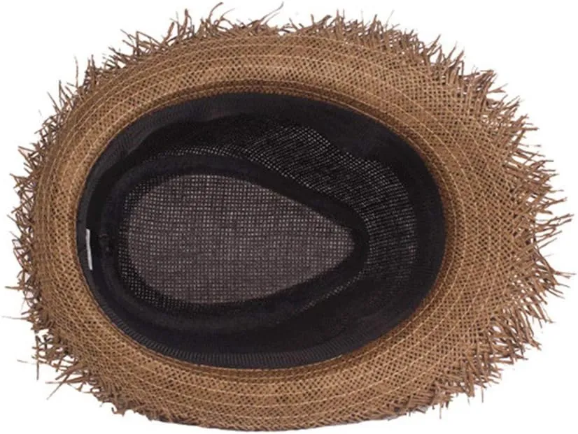 Mens Summer Fedoras Hat Outdoor Travel Straw Hats Sun Protection Panama Caps with Fringed Short Brim