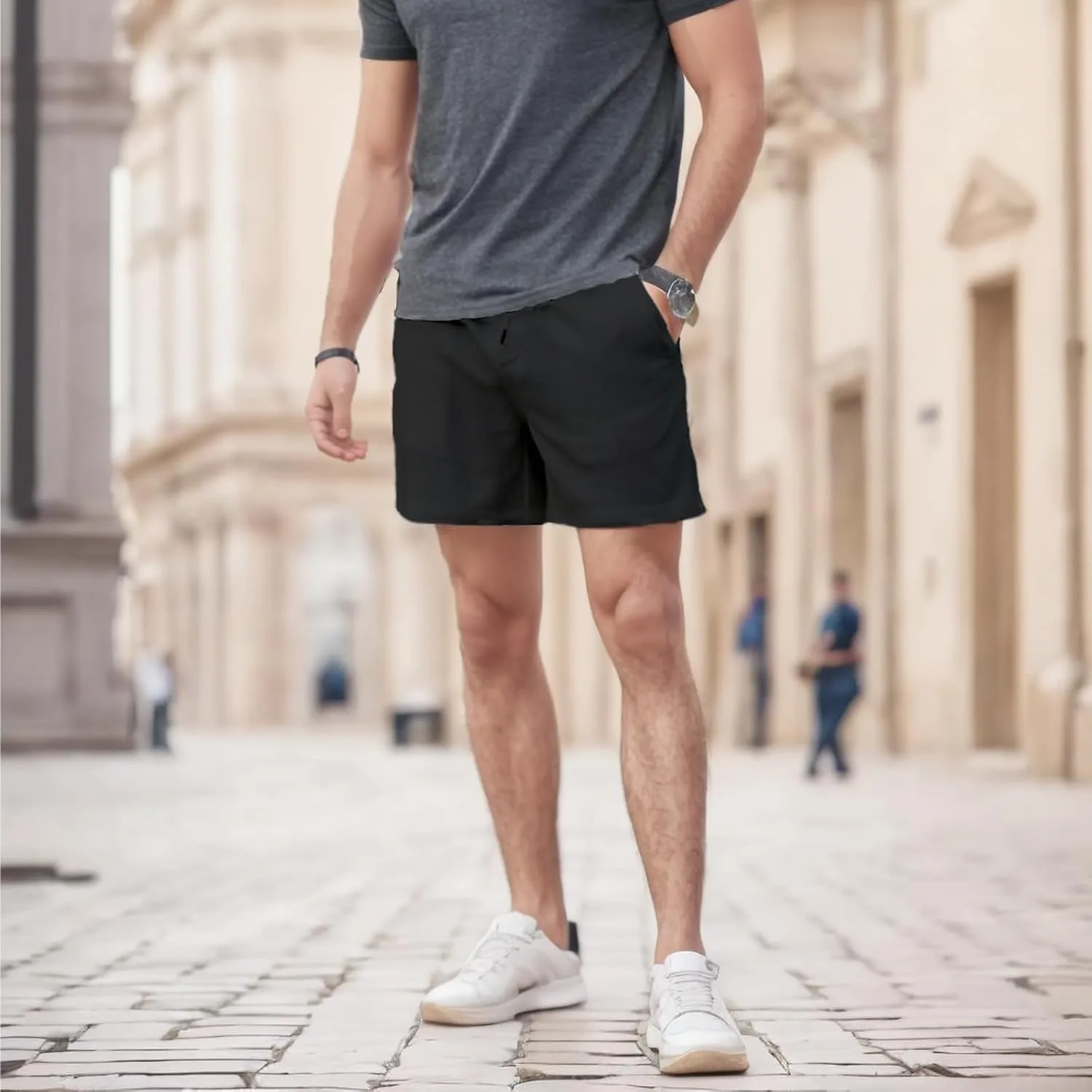 Men's Waist Drawstring Shorts Waffle Shorts Quick-Dry Casual 4-Way Stretch Gym Shorts with Pockets