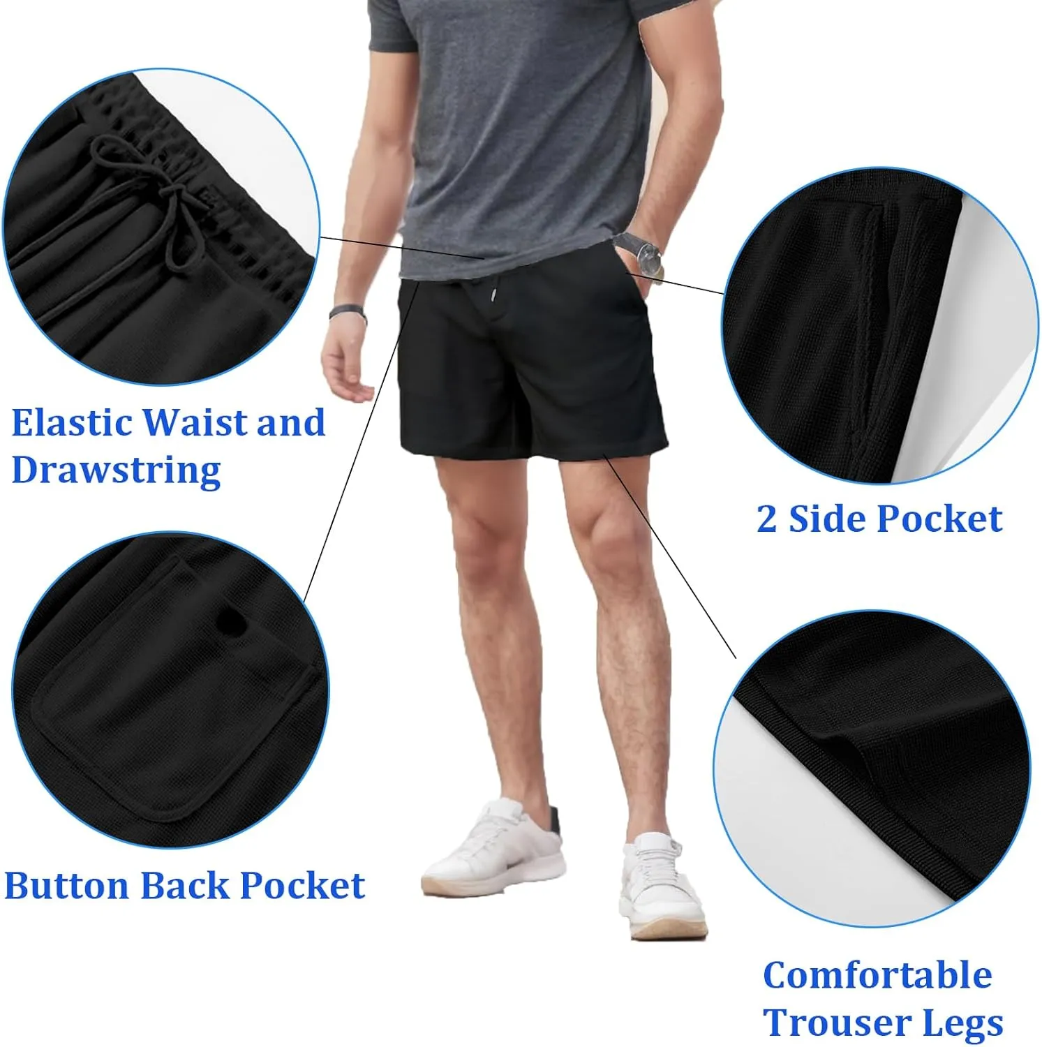 Men's Waist Drawstring Shorts Waffle Shorts Quick-Dry Casual 4-Way Stretch Gym Shorts with Pockets