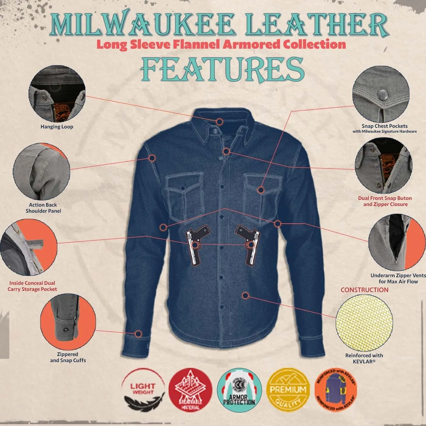 Milwaukee Leather MPM1631 Men's Plaid Flannel Biker Shirt with CE Approved Armor - Reinforced w/Aramid Fiber