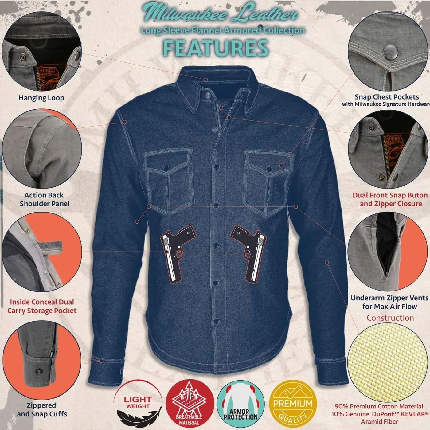 Milwaukee Leather MPM1644 Men's Plaid Flannel Biker Shirt with CE Approved Armor - Reinforced w/Aramid Fiber - 3X-Large Black
