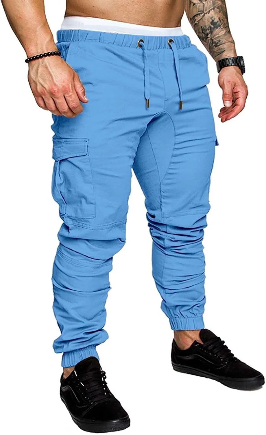 Miyaomn Casual Solid Tapered Cargo Joggers for Men Cotton Workout Sport Skinny Drawstring Waisted Sweatpants with Flap Pocket