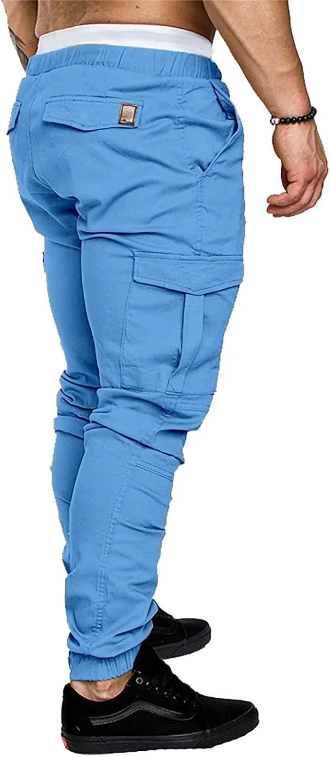 Miyaomn Casual Solid Tapered Cargo Joggers for Men Cotton Workout Sport Skinny Drawstring Waisted Sweatpants with Flap Pocket