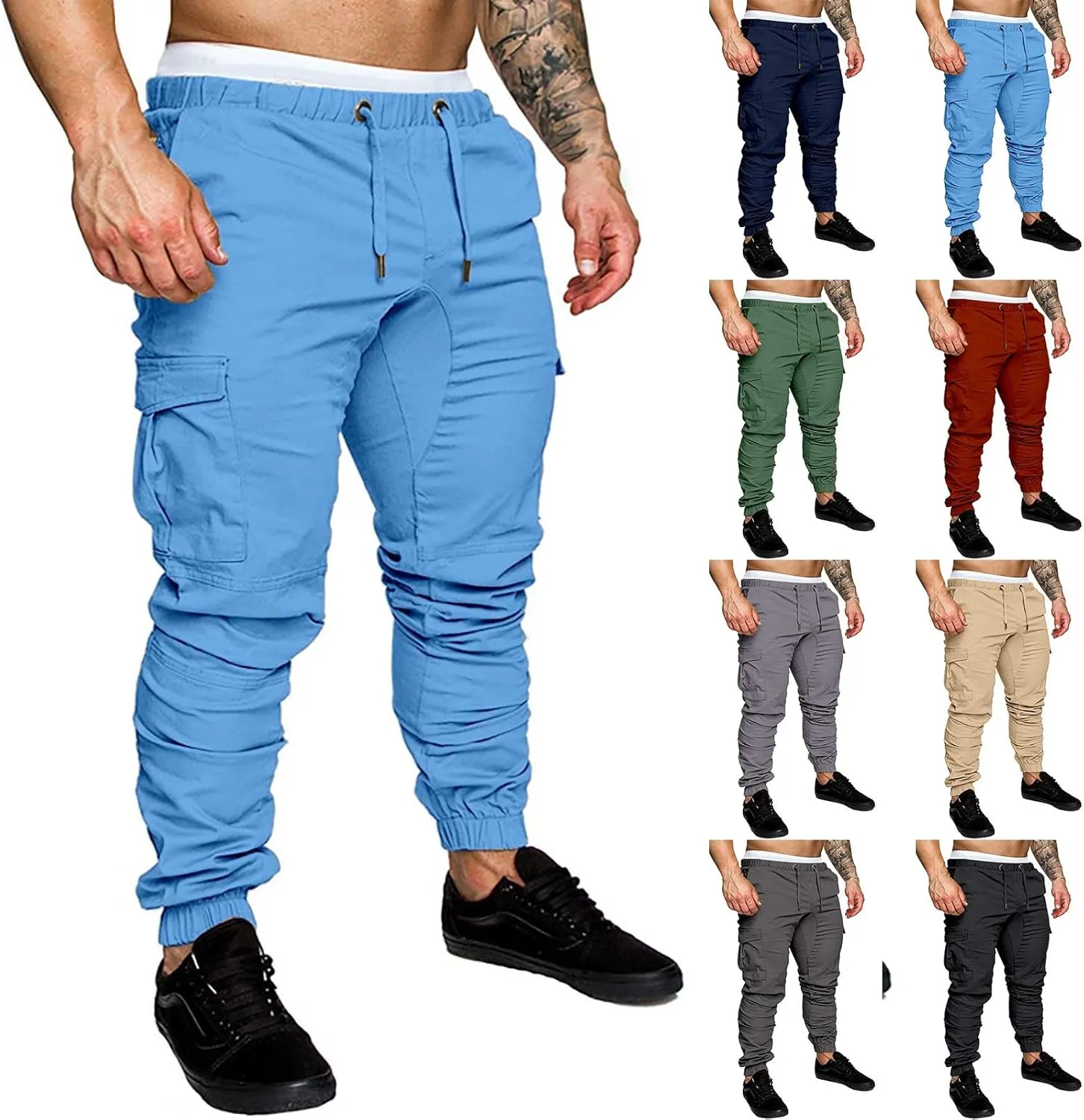 Miyaomn Casual Solid Tapered Cargo Joggers for Men Cotton Workout Sport Skinny Drawstring Waisted Sweatpants with Flap Pocket