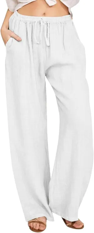 MRGIINRI Womens Cotton Linen Pants 2024 Summer Wide Leg Casual Loose Drawstring High Waist Palazzo Pants Trousers with Pocket