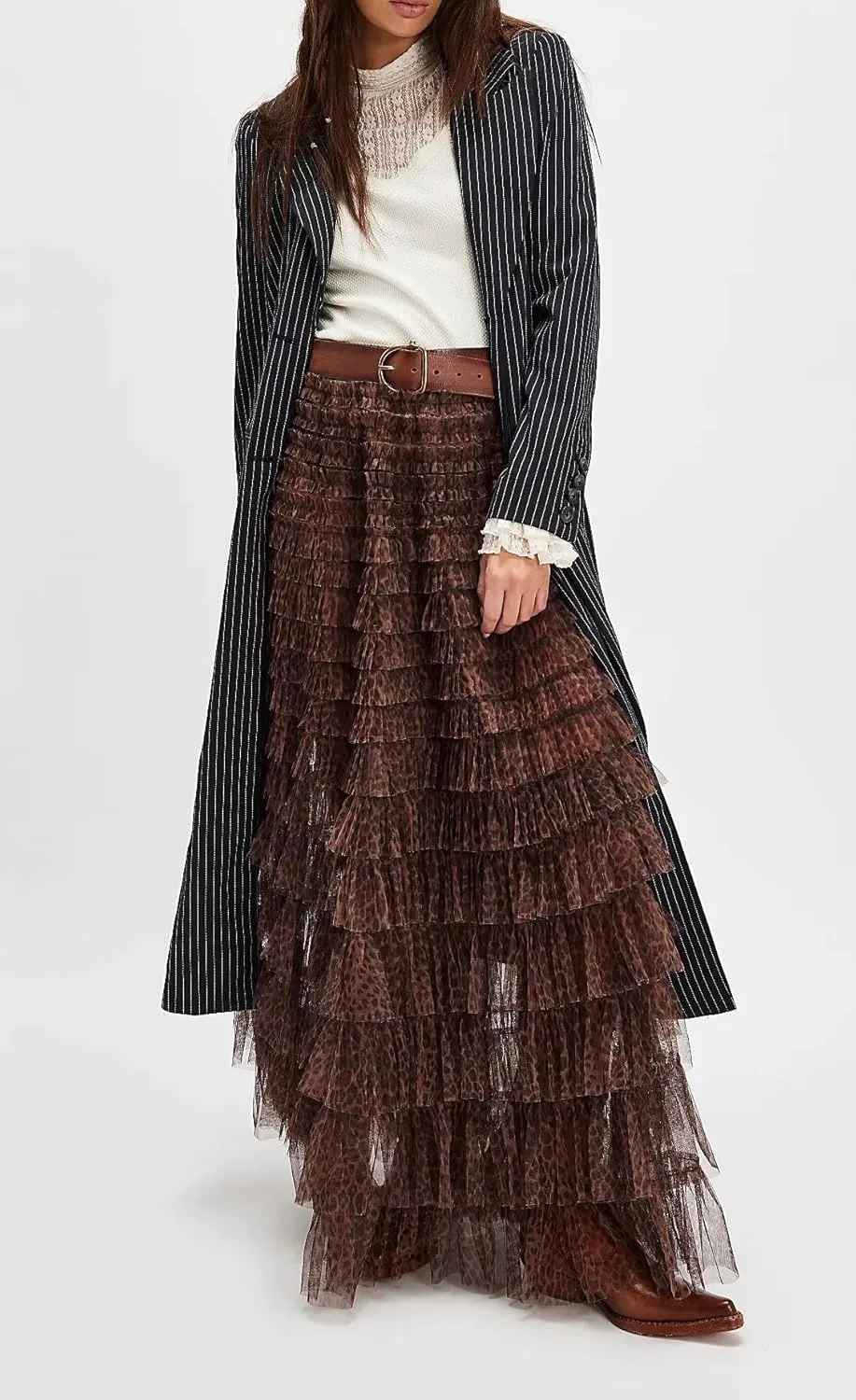 NUFIWI Women Ruffle Maxi Slip Skirt Elastic Waist Sheer Mesh Long Skirts Lace Layered Tiered Tulle Tutu Skirt Petticoat