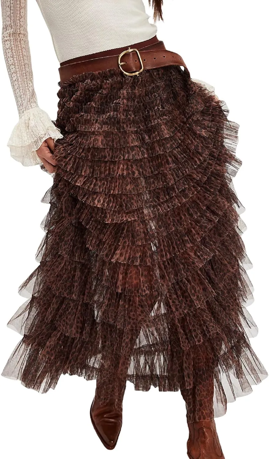 NUFIWI Women Ruffle Maxi Slip Skirt Elastic Waist Sheer Mesh Long Skirts Lace Layered Tiered Tulle Tutu Skirt Petticoat