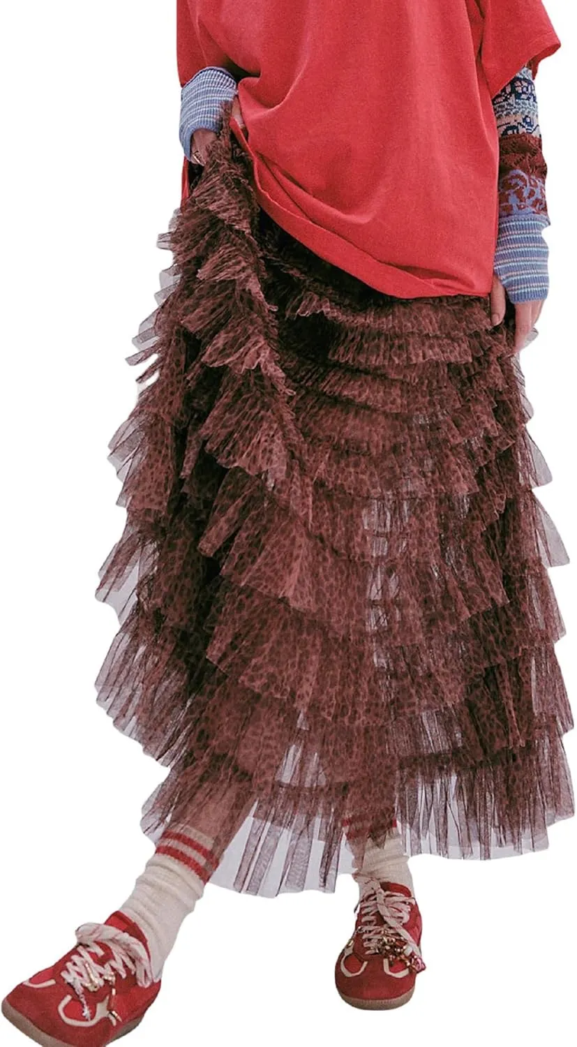 NUFIWI Women Ruffle Maxi Slip Skirt Elastic Waist Sheer Mesh Long Skirts Lace Layered Tiered Tulle Tutu Skirt Petticoat