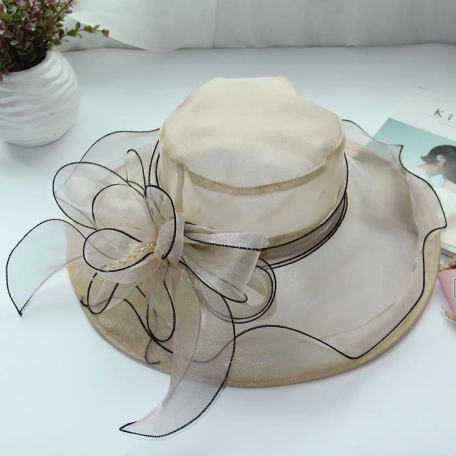 Organza Kentucky Church Fascinator Wedding Tea Cocktail Party Derby Hats for Women Flower Elegant Wide Brim Sun Hat