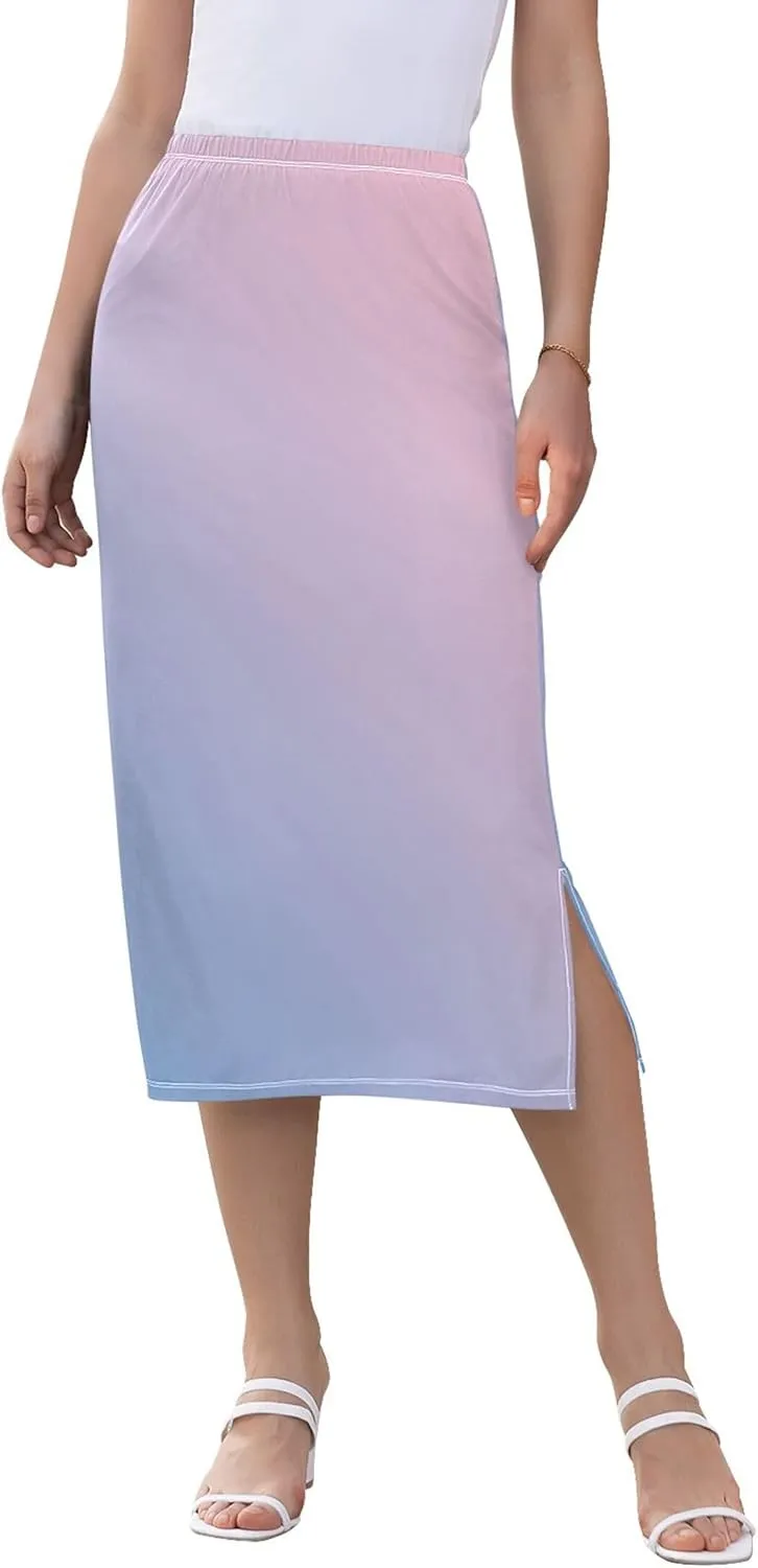 Peach Puff Side Slit Midi Skirt Womens Cute Pencil Skirt High Waist Stretch Ladies Skirts