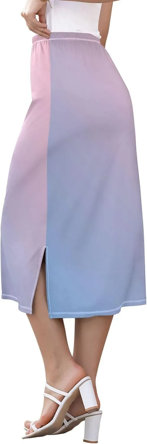 Peach Puff Side Slit Midi Skirt Womens Cute Pencil Skirt High Waist Stretch Ladies Skirts