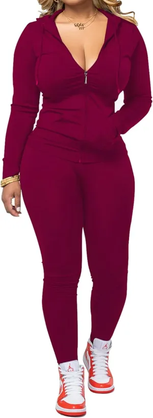 PINSV Women Two Piece Outfits Workout Sets Bodycon Tracksuit Long Sleeve Zip Up Hoodie Jacket Jogger Matching Sweat Pants Set