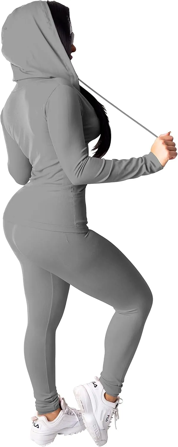 PINSV Women Two Piece Outfits Workout Sets Bodycon Tracksuit Long Sleeve Zip Up Hoodie Jacket Jogger Matching Sweat Pants Set