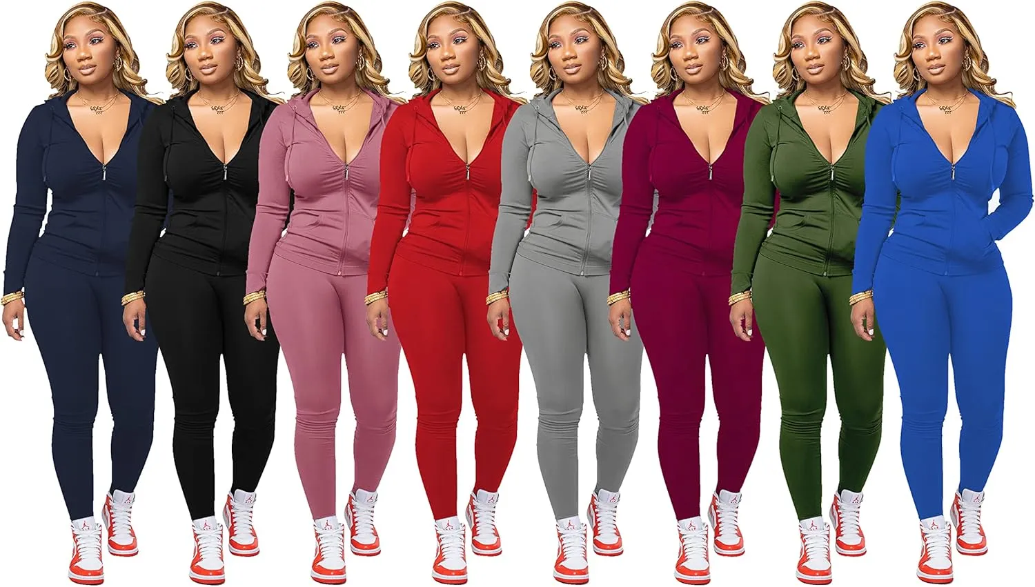 PINSV Women Two Piece Outfits Workout Sets Bodycon Tracksuit Long Sleeve Zip Up Hoodie Jacket Jogger Matching Sweat Pants Set