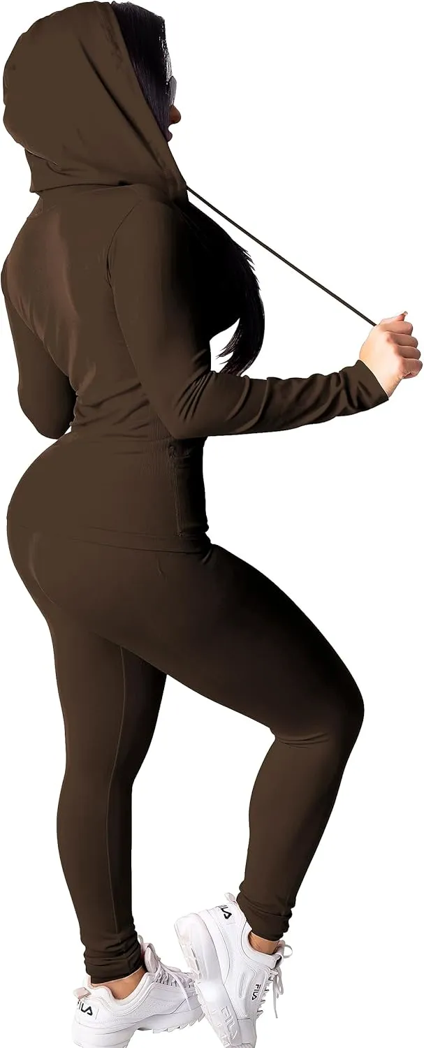 PINSV Women Two Piece Outfits Workout Sets Bodycon Tracksuit Long Sleeve Zip Up Hoodie Jacket Jogger Matching Sweat Pants Set