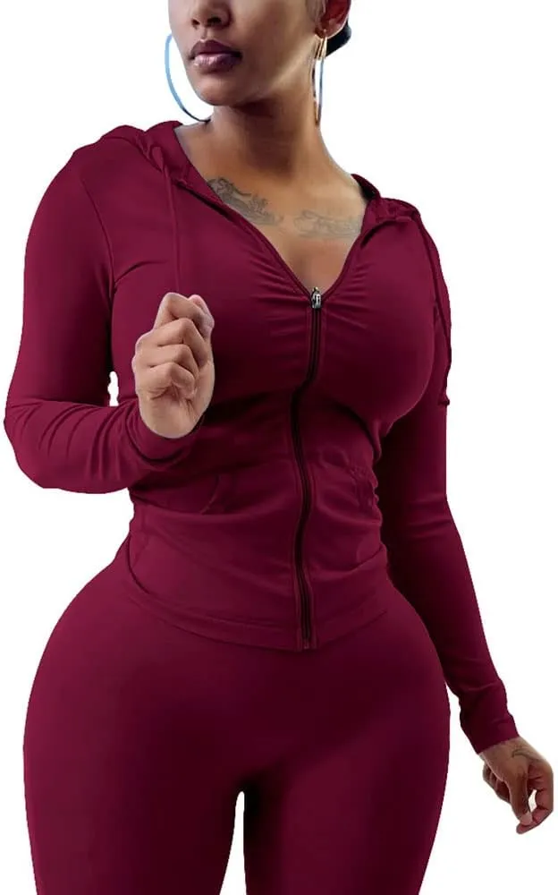 PINSV Women Two Piece Outfits Workout Sets Bodycon Tracksuit Long Sleeve Zip Up Hoodie Jacket Jogger Matching Sweat Pants Set
