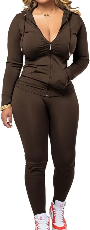 PINSV Women Two Piece Outfits Workout Sets Bodycon Tracksuit Long Sleeve Zip Up Hoodie Jacket Jogger Matching Sweat Pants Set