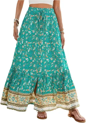 Pleated Skirts for Women, Long Boho Skirt Spring Summer Casual Flowy Maxi Skirts 2025 Trendy Wrap Tiered