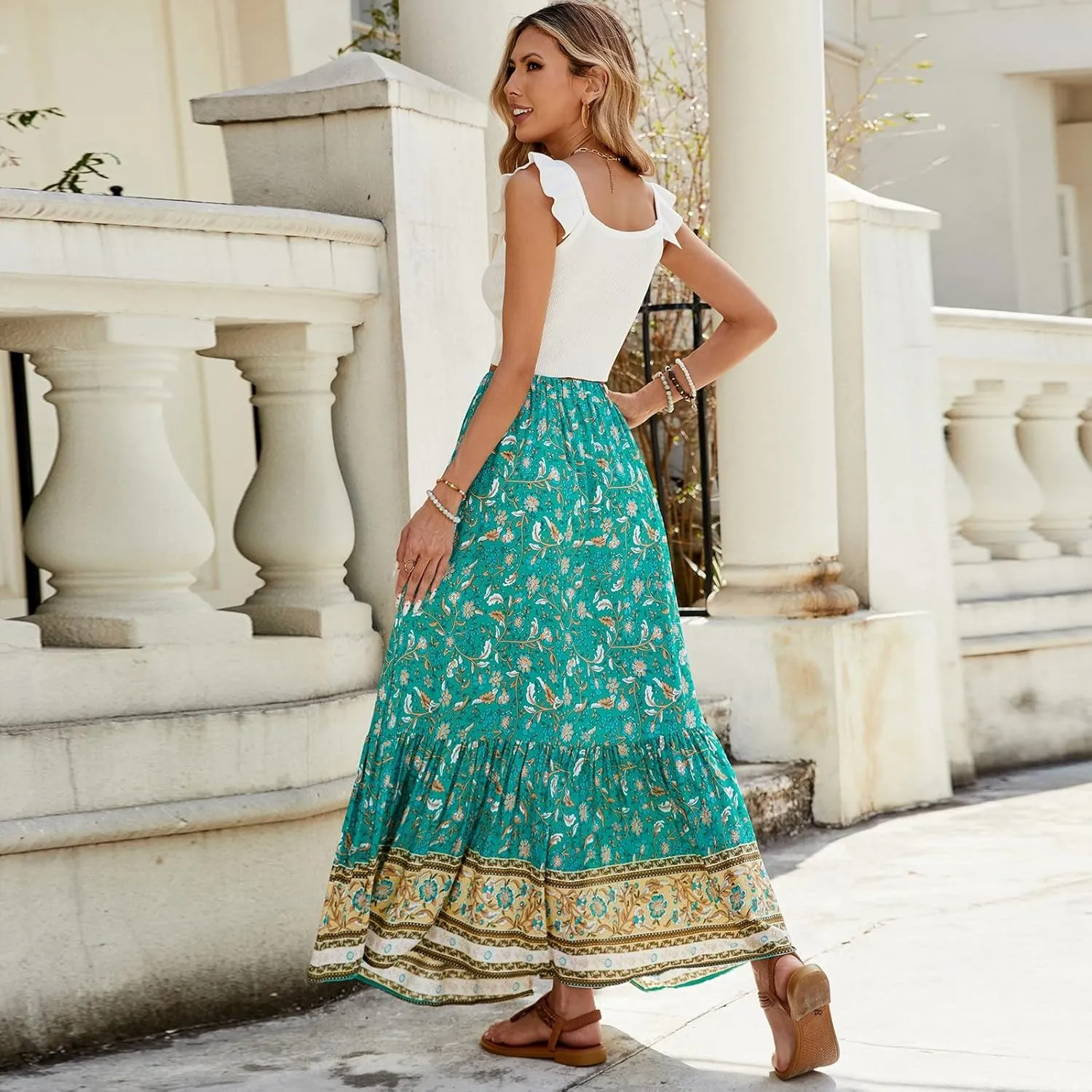 Pleated Skirts for Women, Long Boho Skirt Spring Summer Casual Flowy Maxi Skirts 2025 Trendy Wrap Tiered