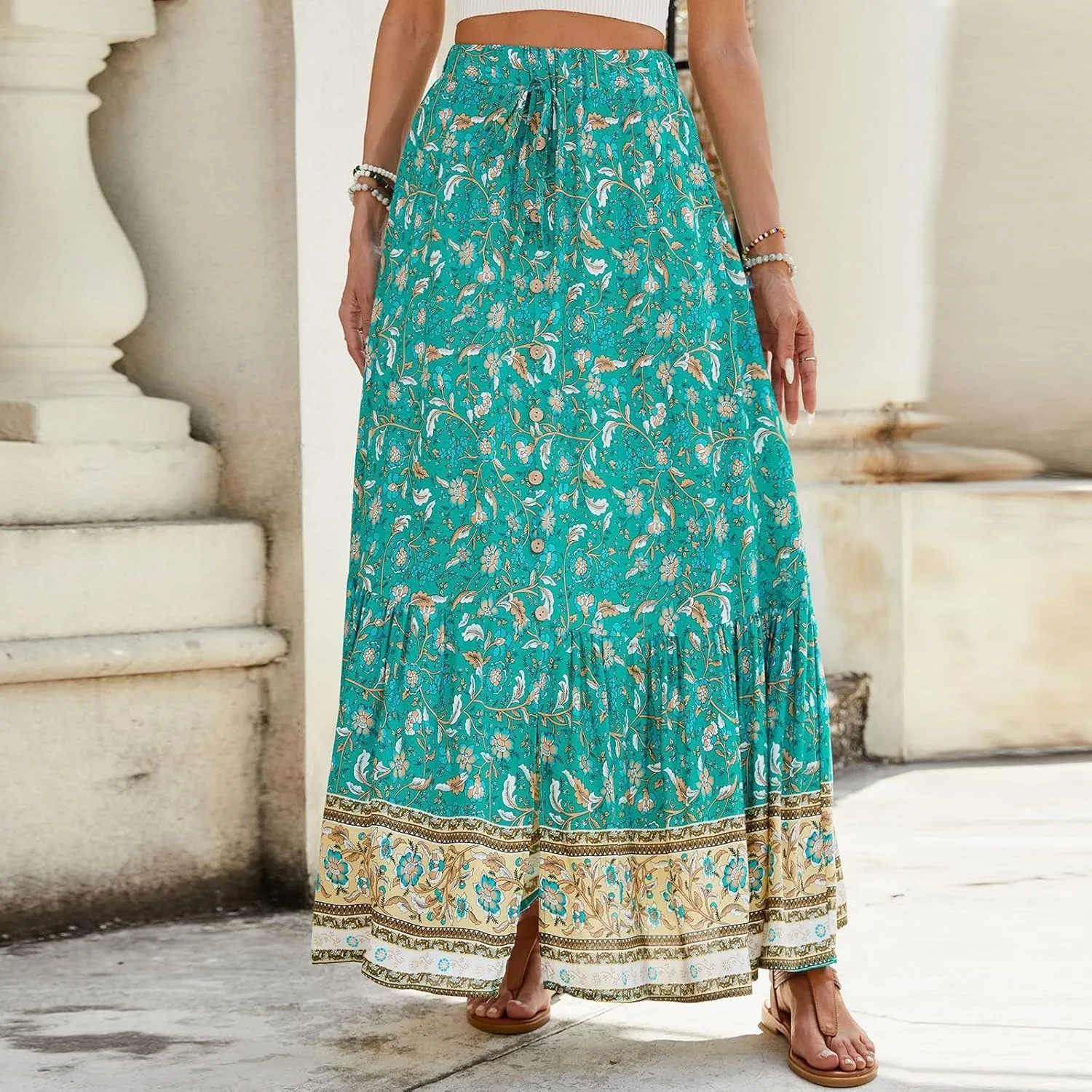 Pleated Skirts for Women, Long Boho Skirt Spring Summer Casual Flowy Maxi Skirts 2025 Trendy Wrap Tiered