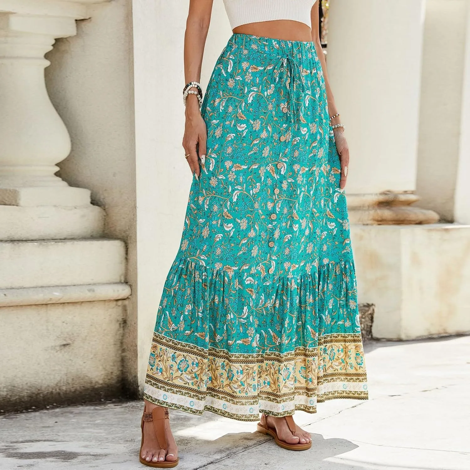 Pleated Skirts for Women, Long Boho Skirt Spring Summer Casual Flowy Maxi Skirts 2025 Trendy Wrap Tiered