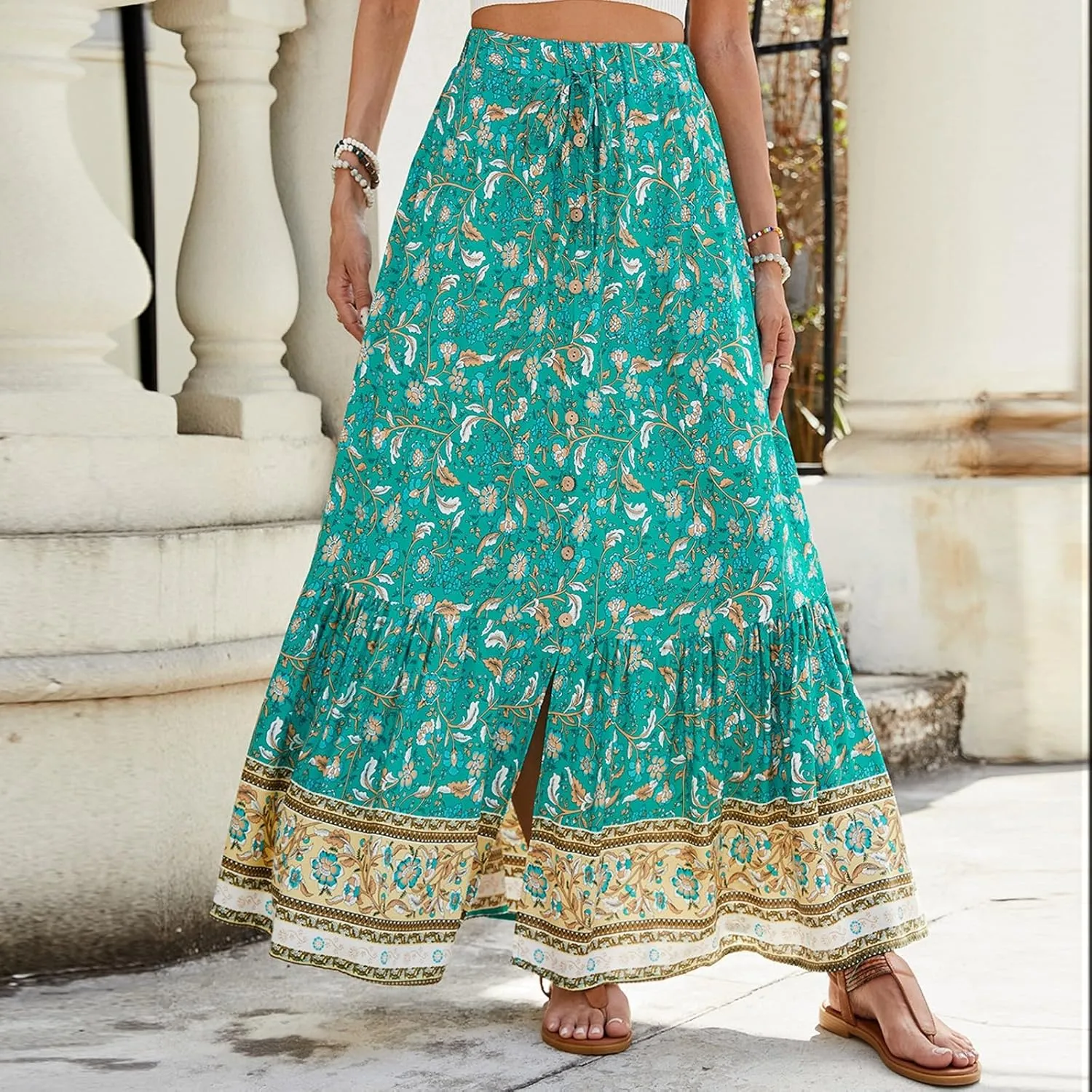 Pleated Skirts for Women, Long Boho Skirt Spring Summer Casual Flowy Maxi Skirts 2025 Trendy Wrap Tiered
