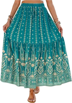 Pleated Skirts for Women, Long Boho Skirt Spring Summer Casual Flowy Maxi Skirts 2025 Trendy Wrap Tiered