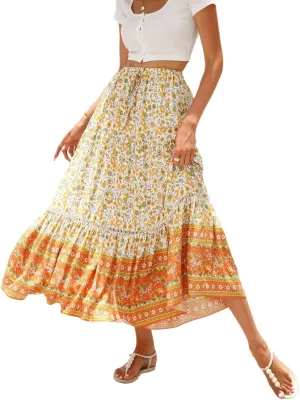 Pleated Skirts for Women, Long Boho Skirt Spring Summer Casual Flowy Maxi Skirts 2025 Trendy Wrap Tiered