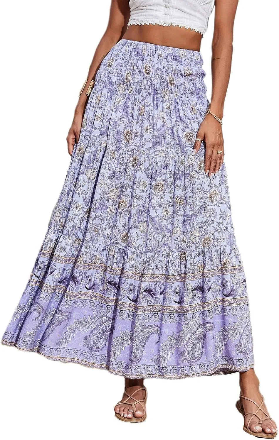 Plus Size Maxi Skirts for Women Summer Drawstring Elastic High Waisted Aline Skirt Boho Tiered Smocked Long Skirt