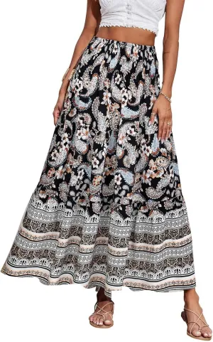 Plus Size Maxi Skirts for Women Summer Drawstring Elastic High Waisted Aline Skirt Boho Tiered Smocked Long Skirt