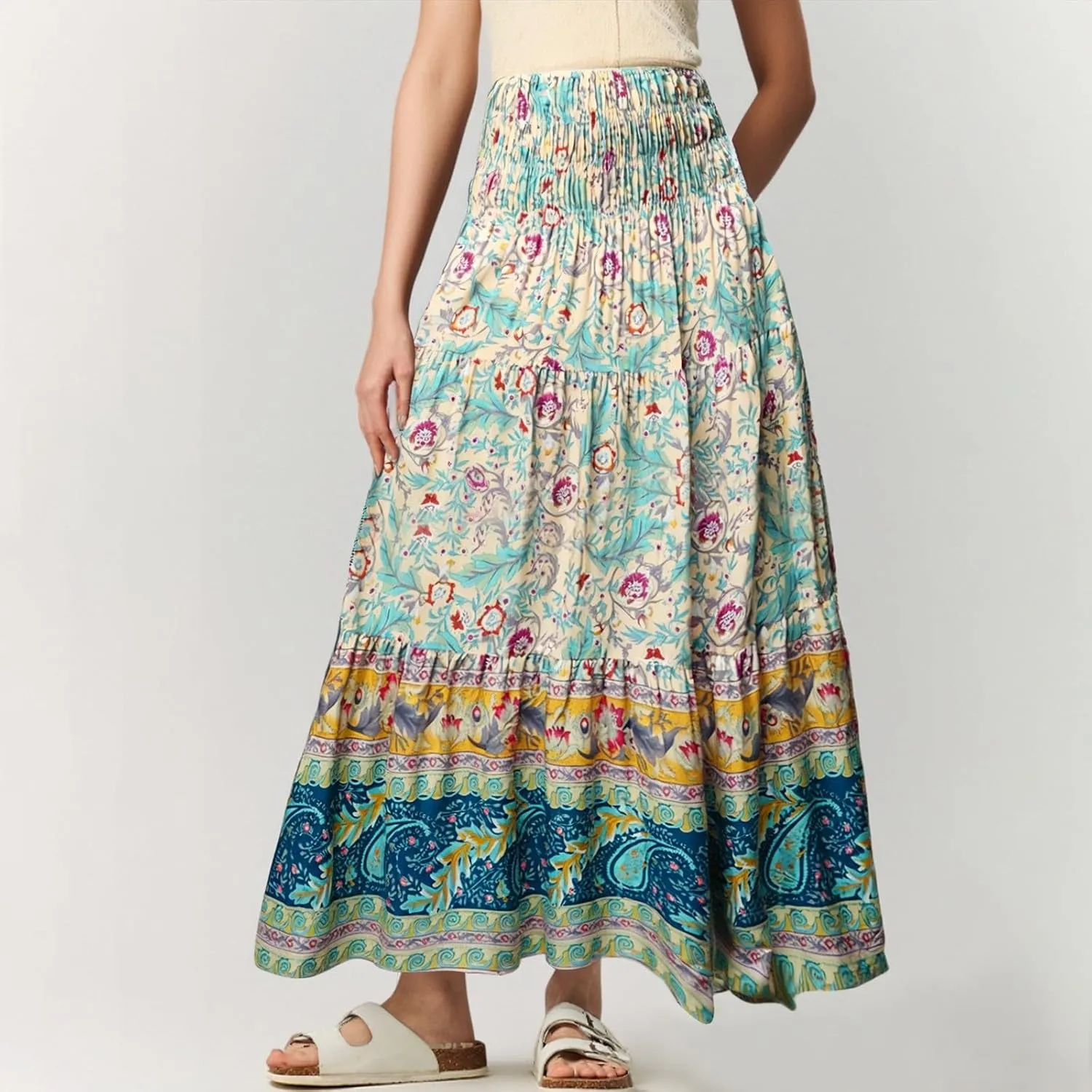 Plus Size Maxi Skirts for Women Summer Drawstring Elastic High Waisted Aline Skirt Boho Tiered Smocked Long Skirt