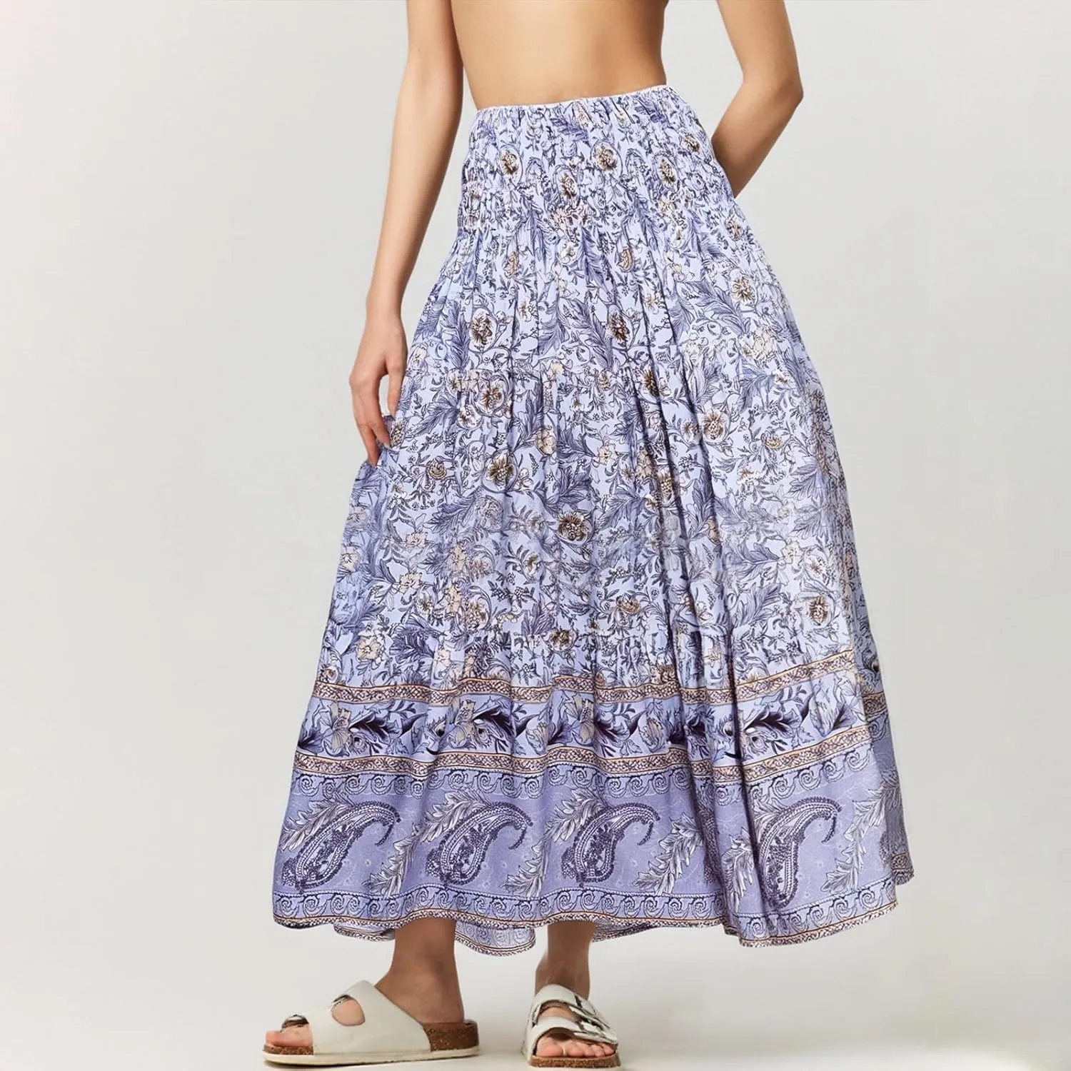 Plus Size Maxi Skirts for Women Summer Drawstring Elastic High Waisted Aline Skirt Boho Tiered Smocked Long Skirt