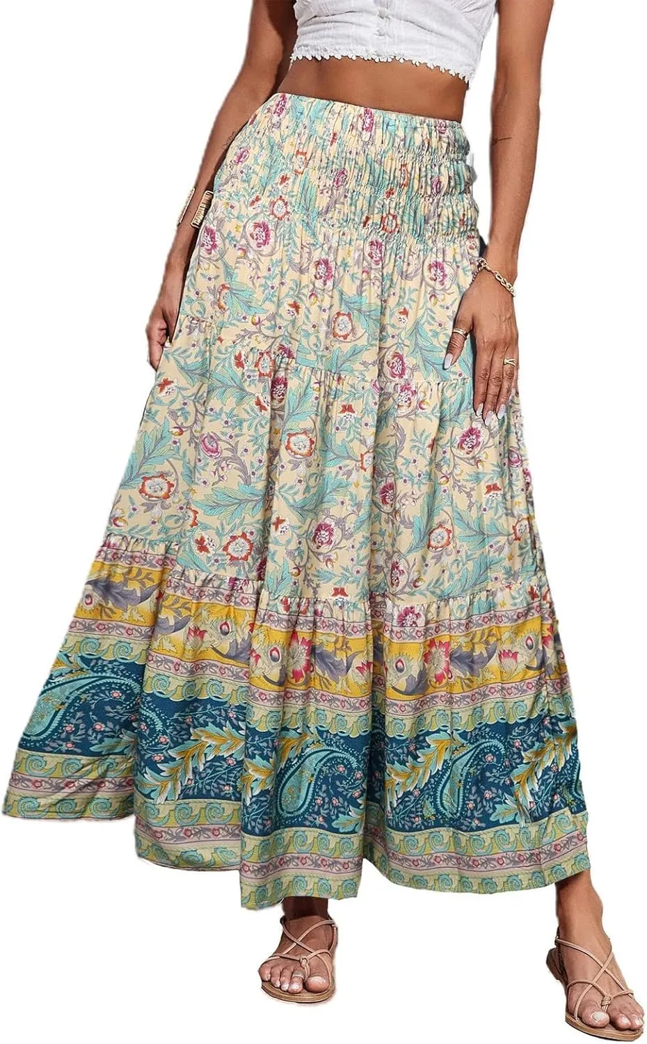 Plus Size Maxi Skirts for Women Summer Drawstring Elastic High Waisted Aline Skirt Boho Tiered Smocked Long Skirt