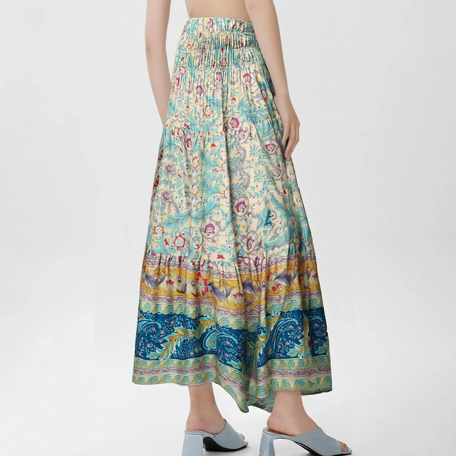 Plus Size Maxi Skirts for Women Summer Drawstring Elastic High Waisted Aline Skirt Boho Tiered Smocked Long Skirt