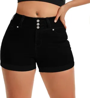 Pnadty Women's Summer High Waisted Stretch Denim Shorts Casual Folded Hem Jean Shorts