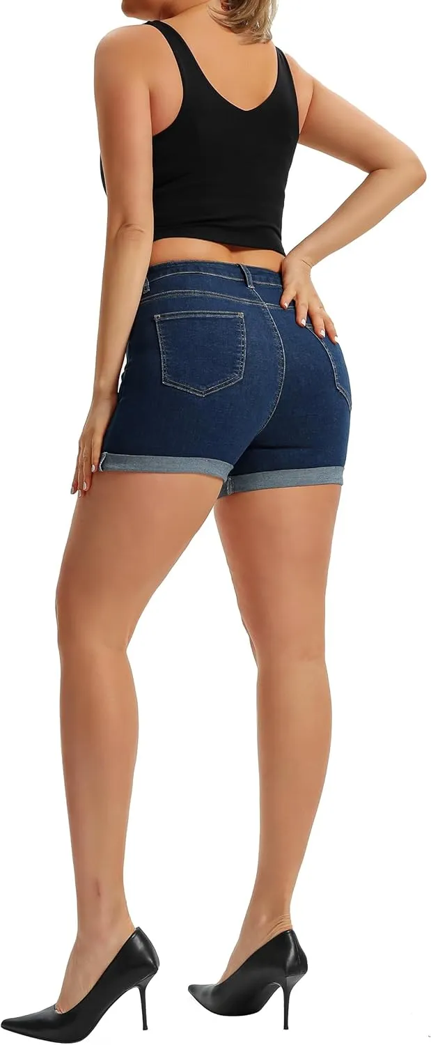 Pnadty Women's Summer High Waisted Stretch Denim Shorts Casual Folded Hem Jean Shorts