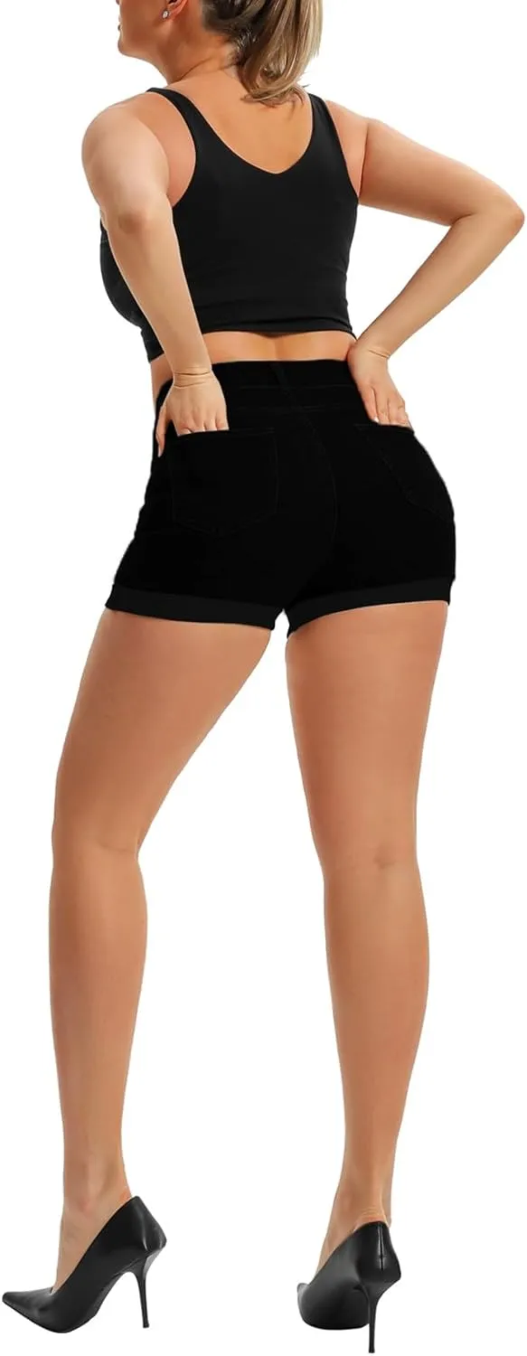 Pnadty Women's Summer High Waisted Stretch Denim Shorts Casual Folded Hem Jean Shorts
