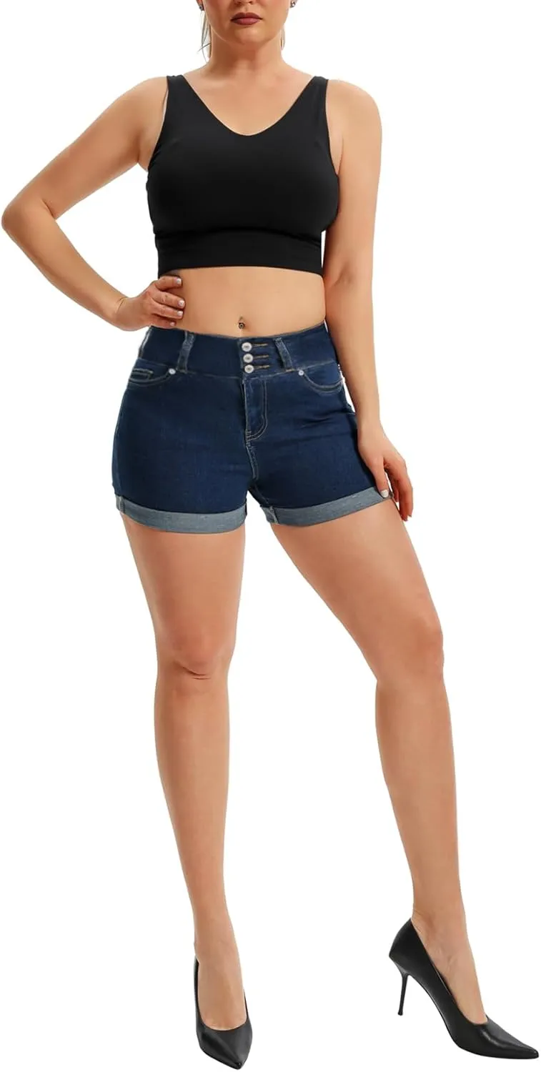 Pnadty Women's Summer High Waisted Stretch Denim Shorts Casual Folded Hem Jean Shorts