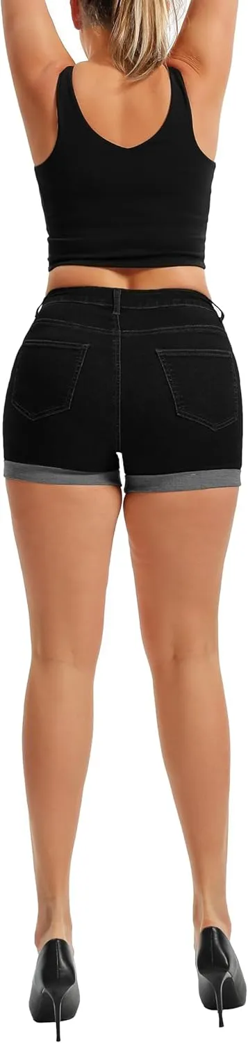 Pnadty Women's Summer High Waisted Stretch Denim Shorts Casual Folded Hem Jean Shorts