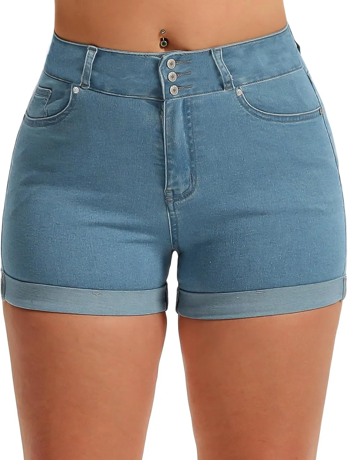 Pnadty Women's Summer High Waisted Stretch Denim Shorts Casual Folded Hem Jean Shorts
