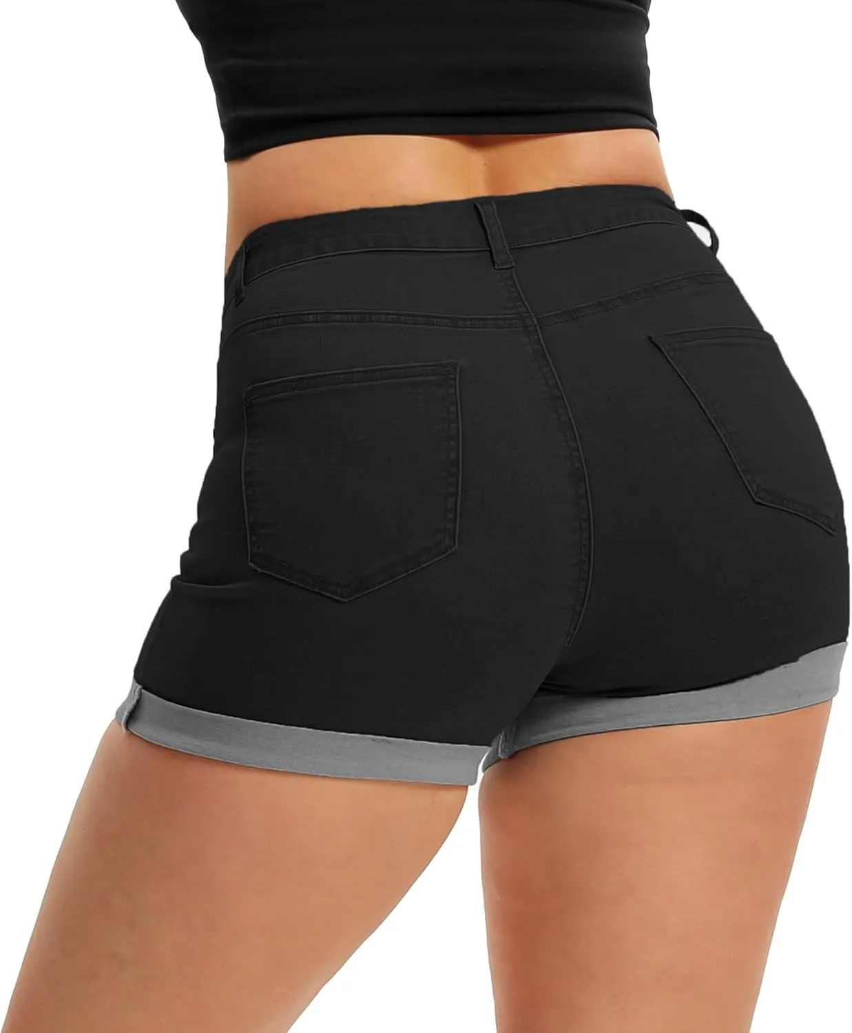 Pnadty Women's Summer High Waisted Stretch Denim Shorts Casual Folded Hem Jean Shorts
