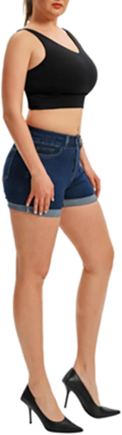Pnadty Women's Summer High Waisted Stretch Denim Shorts Casual Folded Hem Jean Shorts