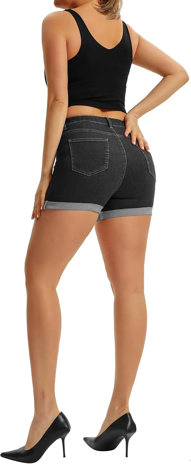 Pnadty Women's Summer High Waisted Stretch Denim Shorts Casual Folded Hem Jean Shorts