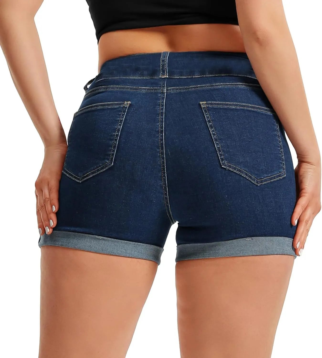 Pnadty Women's Summer High Waisted Stretch Denim Shorts Casual Folded Hem Jean Shorts